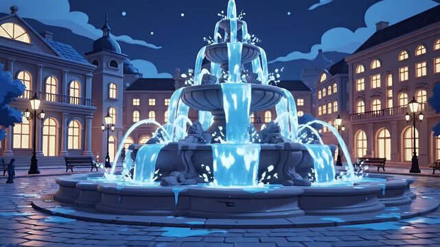 Stylized town square fountain at night with glowing buildings
