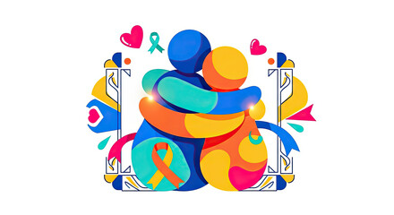 Obraz premium Two colorful figures embracing with hearts and awareness ribbons, symbolizing love, inclusion, and support for World Down Syndrome Day.
