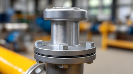 Obraz premium Close up of a shiny metallic industrial valve and flange with bolts on a pipeline