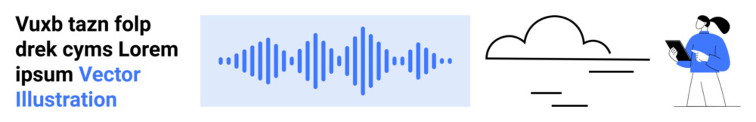 Obraz premium Digital communication, cloud storage, sound technology, online collaboration, information sharing, modern devices. Visual features include sound waveform, cloud symbol, and person with tablet