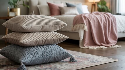 Stack of Textured Throw Pillows on Left with Copy Space