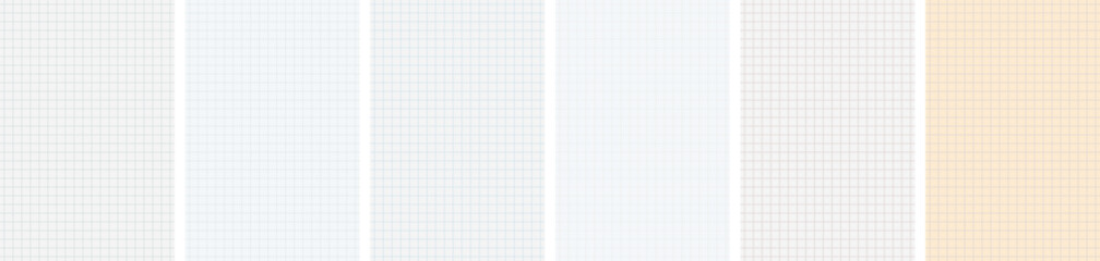Grid checkered paper sheet textures seamless patterns set Off white, light grey, old yellow notebook pages. Blank empty template mockup, vertical backgrounds Vector illustration for mixed media design