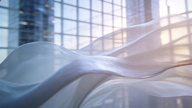 White silk fabric curtain floating in front of modern grid window