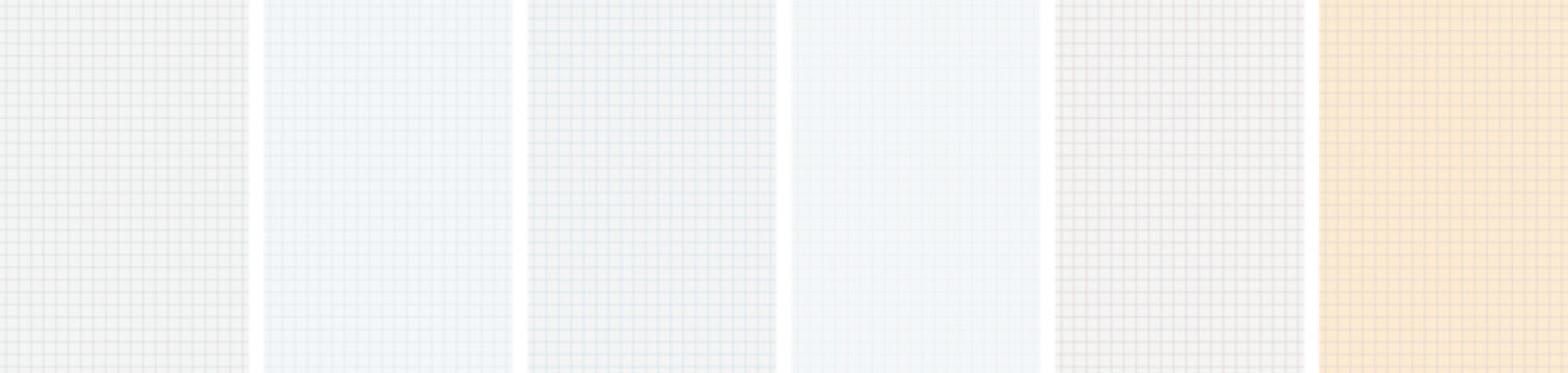 Grid checkered paper sheet textures seamless patterns set Off white, light grey, old yellow notebook pages. Blank empty template mockup, vertical backgrounds Vector illustration for mixed media design