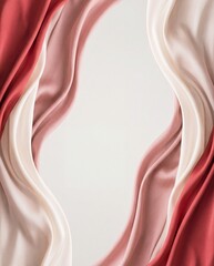 elegant vertical frame of flowing silk and satin fabric in shades of red pink and cream with central copy space