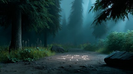 Mysterious symbols illuminate dark forest clearing enigmatic scene nature tranquil atmosphere