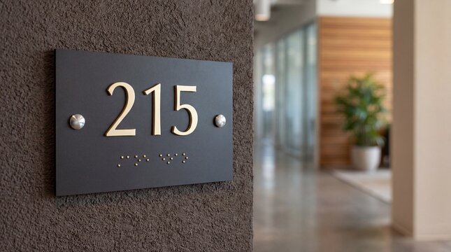 Black room number 215 sign with gold raised numbers and braille on a textured wall, blurred office hallway background
