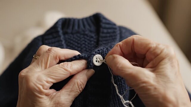 Close-up of Hands Sewing a Button on a Sweater.