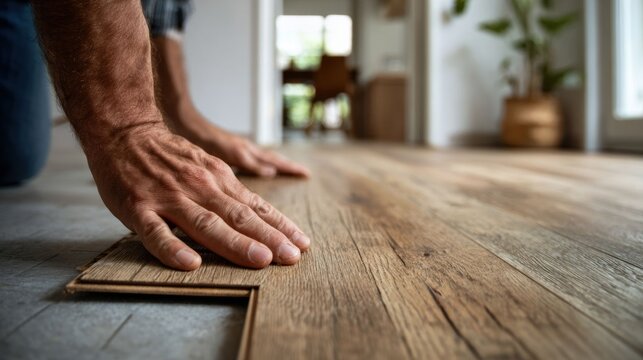 Hands installing wooden floor at home interior
