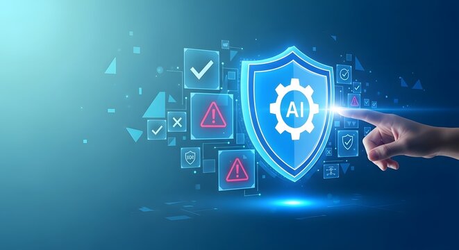 AI security shield with digital icons representing data protection and cyber safety