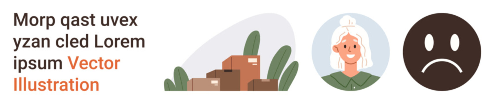 E-commerce, delivery services, emotions, packaging, online shopping, human expression. Cardboard boxes with plants, female face icon and a sad face symbol. E-commerce and delivery services concept