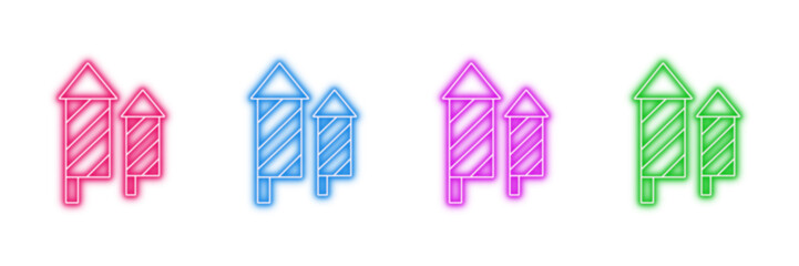 Neon glowing firework rocket vector icons set, celebration, party, festival, new year, entertainment, vibrant colorful digital design illustration on transparent background.