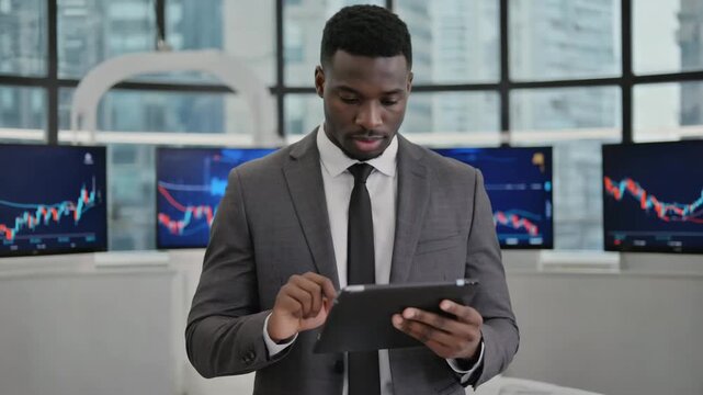 inger scrolling through market data, charts responding fluidly, subtle screen reflection movement 4K.