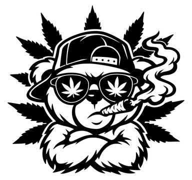 Cool Rasta Bear Smoking Joint Vector Illustration - Stoner Bear with Sunglasses and Weed Leaves - Edgy Cannabis Graphic for 420 Culture and Streetwear Art