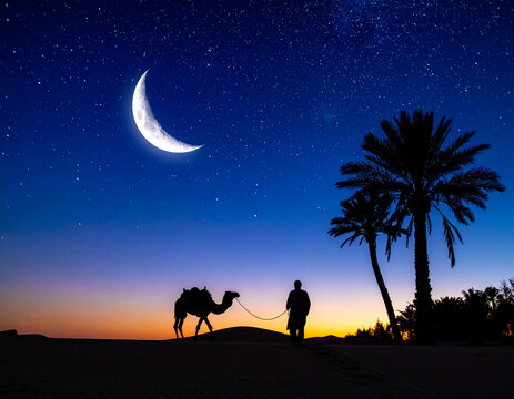 Pengembara gurun dengan unta di bawah bulan sabit. Konsep Ramadan, Islam