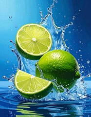 Lime splash! Sliced, halved, & whole limes suspended in blue water with a dynamic, refreshing burst