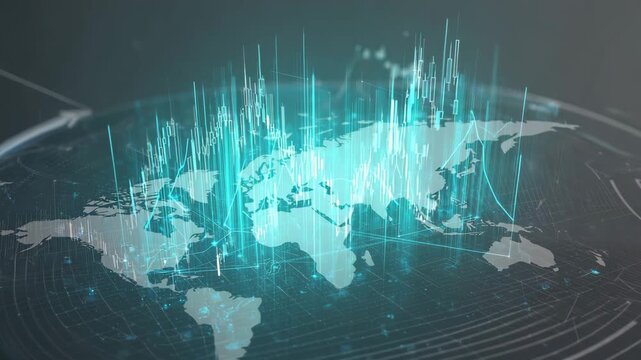 world map with binary code  Data streams flowing across the map, light pulses on major markets, slow ambient motion 4K