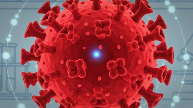 Red Animated Microscopic Nipah Virus with Spike Proteins Representing Laboratory Research and Epidemic Prevention in Medical Science