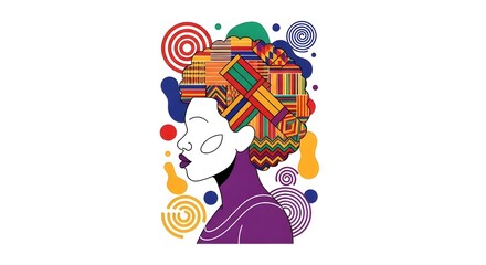Stylized profile of a woman with hair filled with diverse African textile patterns and Kente designs. Surrounded by colorful abstract shapes celebrating Black culture and art.