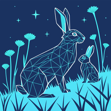 Wireframe polygonal low-polygon digital rabbit bunny, a modern geometric abstract concept.