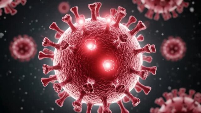 Red Animated Microscopic Nipah Virus with Spike Proteins Representing Laboratory Research and Epidemic Prevention in Medical Science