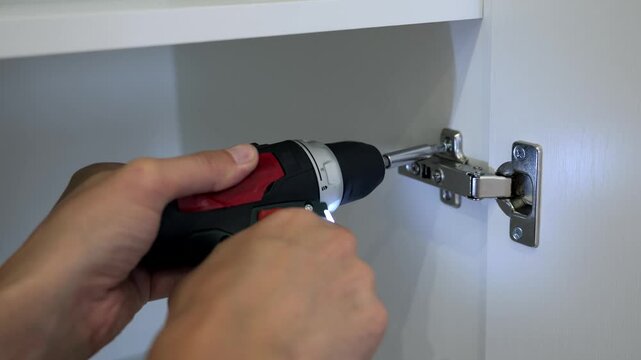 Carpenter Installing Cabinet Door Hinges with Electric Screwdriver