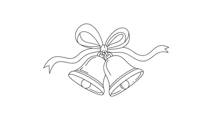 An elegant black and white line drawing of two classic wedding bells, beautifully tied together with a flowing bow and ribbons.