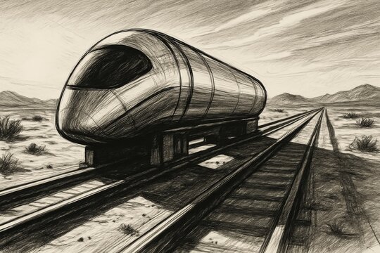 A futuristic train pod sketched in a desert landscape, set on long parallel tracks stretching toward the horizon.
