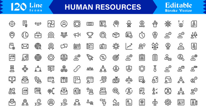 Human Resources Professional Line Icon Set &ndash; Modern Minimal Outline Symbols for HR Management, Recruitment, and Business