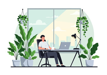 Obraz premium Person working at home office desk with laptop and plants natural light and city view through window