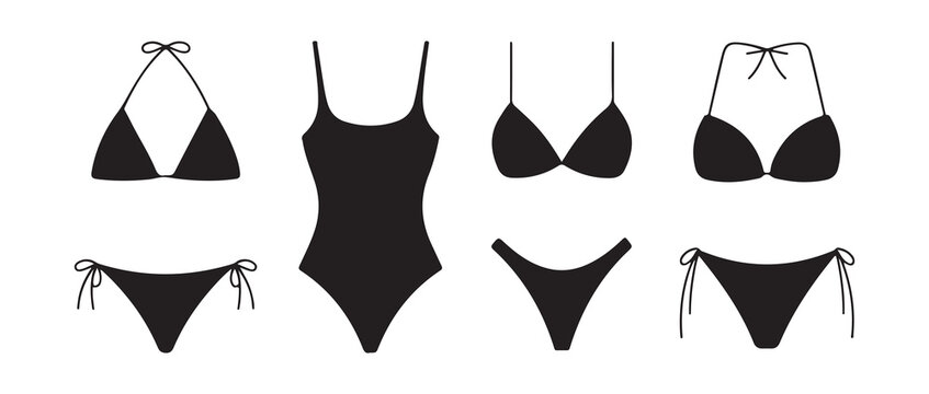Black outline vector set of swimwear and bras on white background for fashion graphic design