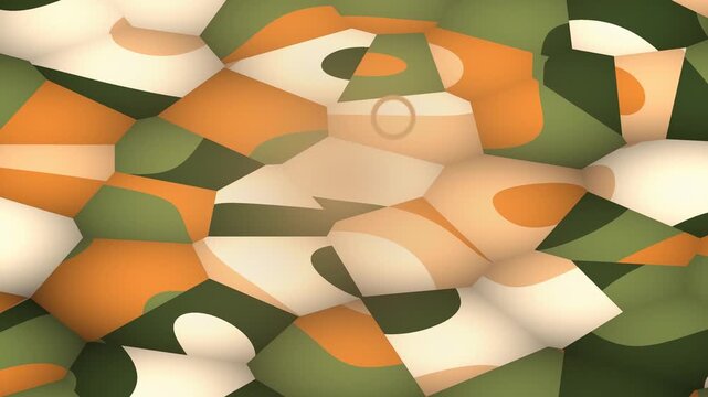 Abstract camouflage pattern with organic shapes and a bubbly texture in green, orange, and cream tones.