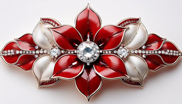 broach with red and white petals and diamonds isolated on white created with generative ai