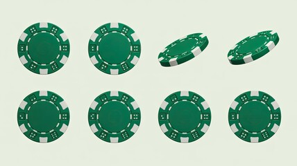 Green casino poker chips in various angles, 3D render, isolated on white