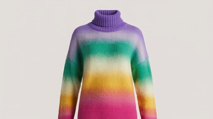 Rainbow gradient knit turtleneck sweater with purple, green, yellow, and pink stripes, isolated on white