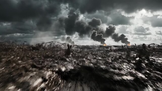 Dramatic trench battlefield with stormy skies and rising smoke plumes in war scene