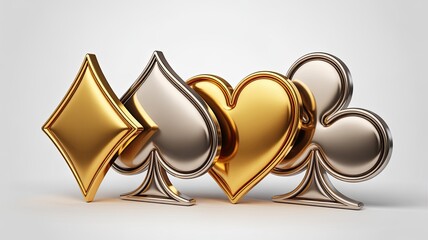 Golden and silver metallic playing card suits: diamonds, spades, hearts, clubs in a row, isolated on white