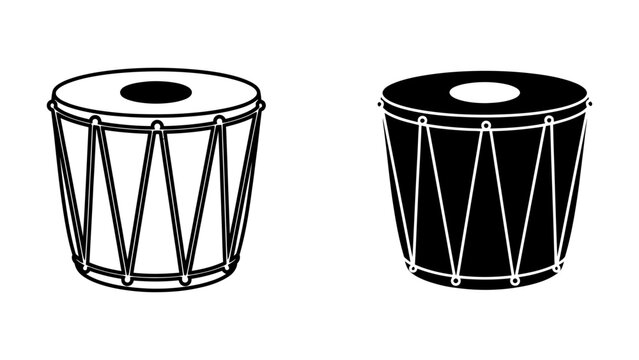 Traditional Indian Nagada Drum Vector Icons Set Featuring Outline and Silhouette Styles for Cultural Music Branding, Folk Festival Graphic Design, and Rhythmic Performance Art.