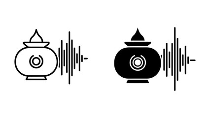 Hindu Kalash pot icon set with sound waves representing spiritual audio or devotional podcast, vector illustration in outline and glyph styles isolated on white background for religious app