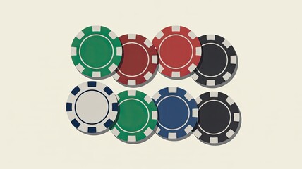 Set of eight colorful poker chips in red, green, blue, and black, casino gaming tokens, isolated on white