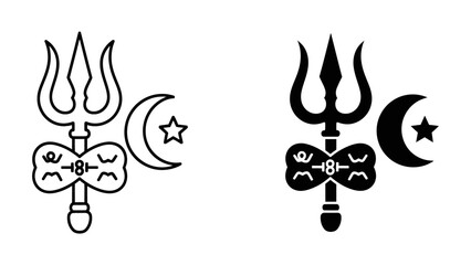 Lord Shiva Trishul and Damru icon set with crescent moon and star, black and white vector illustration of Hindu religious symbols in outline and silhouette styles for Maha Shivratri