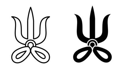 Set of two stylized trident icons featuring outline and solid silhouette styles, representing the Trishula of Lord Shiva or Poseidon's weapon, isolated on white background for religious design