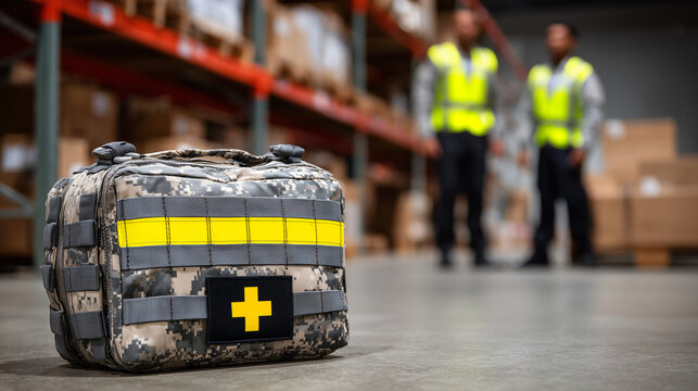 Close-up of a response team emergency medical bag during first aid training, rugged tactical fabric with reflective strips, labeled compartments for hemorrhage control and limb imm