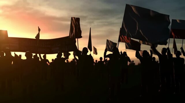 Gathering Rally At Evening. Spirited Assembly Of Protesters Silhouetted Against Vibrant Sunset Sky
