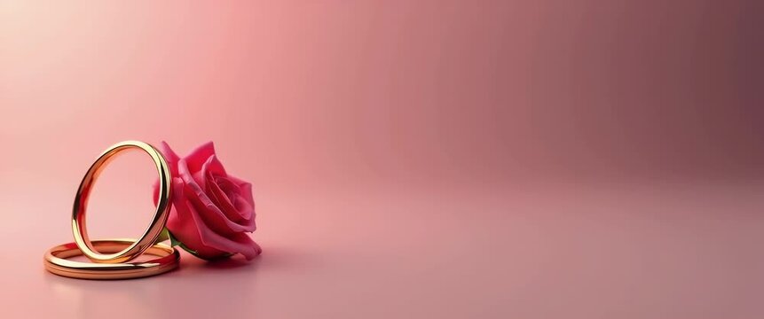 Elegant gold wedding rings beside a vibrant rose in a romantic, cinematic scene; gentle ambient light flickers as the camera slowly pans, creating a serene, timeless atmosphere.