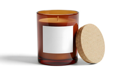 Amber glass jar candle mockup with blank white label | Luxury soy wax aroma candle in brown container and cork lid | Scented candle packaging design template on white background