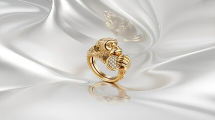 Golden monkey ring with diamond accents on a luxurious white silk background, elegant jewelry design