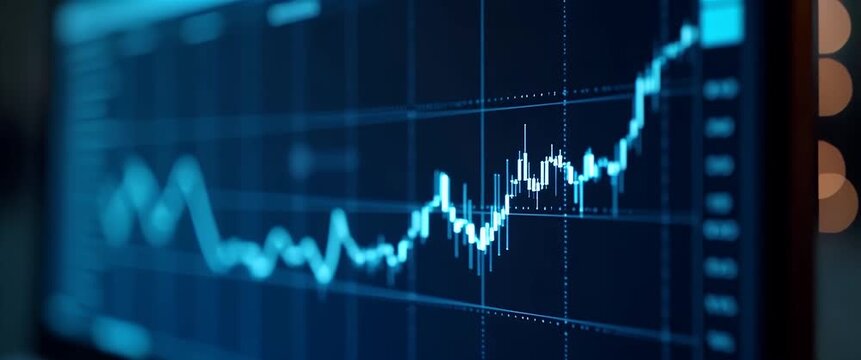 Dynamic financial graph fluctuates on a digital screen; camera pans slowly across the display, with ambient light flickering in a cinematic, modern business setting.