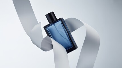 Blue glass men's perfume bottle with black cap on white ribbon, luxury fragrance product shot, studio light