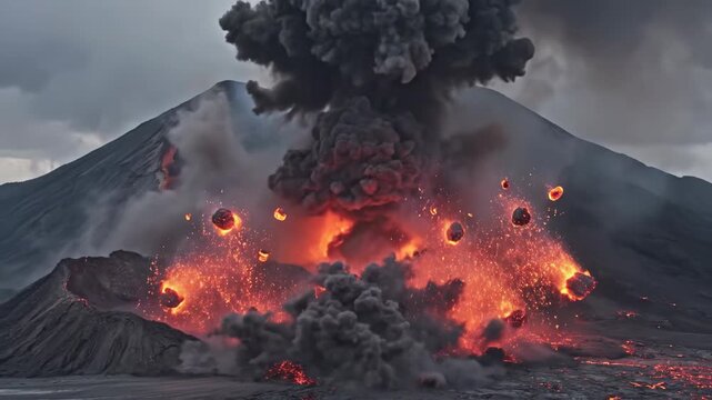Dynamic volcanic eruption with explosive lava burst and ash clouds in dramatic landscape